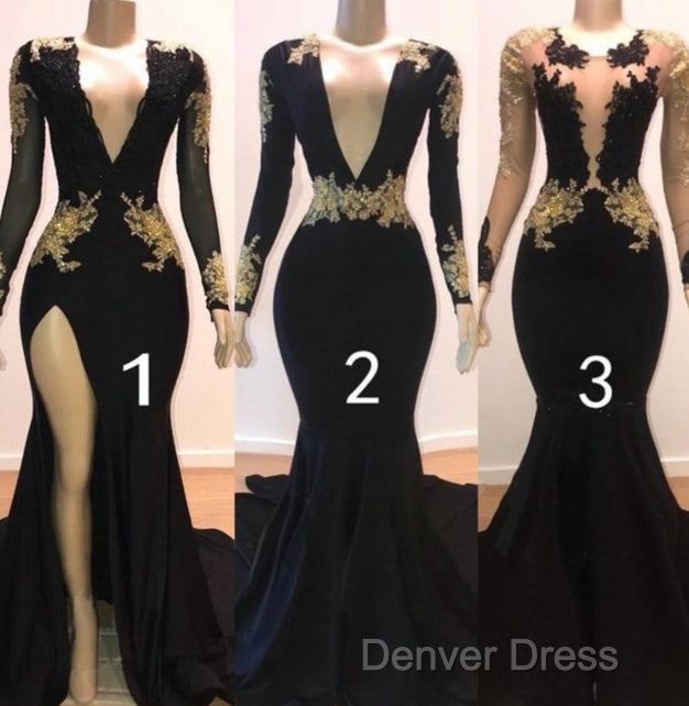 Sexy Long Sleeve Black Gold Prom Dresses  V Neck Appliques Formal Dresses