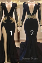 Sexy Long Sleeve Black Gold Prom Dresses  V Neck Appliques Formal Dresses