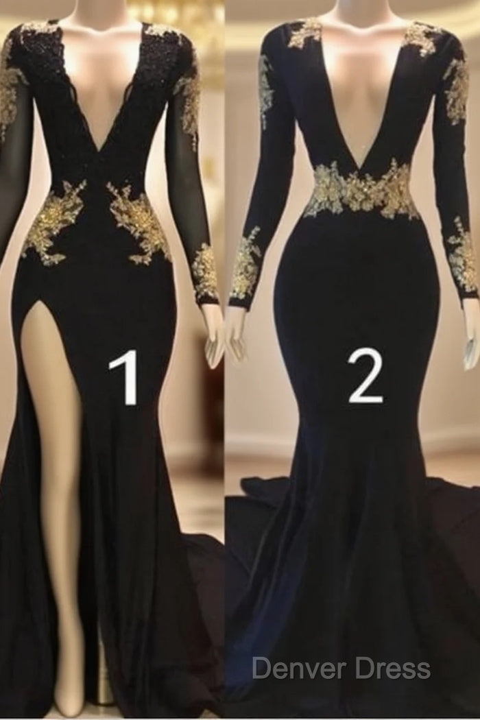 Sexy Long Sleeve Black Gold Prom Dresses  V Neck Appliques Formal Dresses