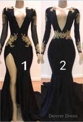 Sexy Long Sleeve Black Gold Prom Dresses  V Neck Appliques Formal Dress