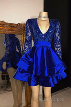Sexy Long Sleeve Cocktail Dress,Royal Blue Homecoming Dresses