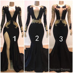Sexy Long Sleeves Black Mermaid Prom Dress Sequins Long Deep V-neck With Split