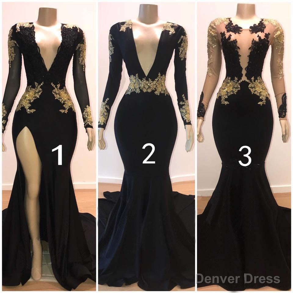 Sexy Long Sleeves Black Mermaid Prom Dress Sequins Long Deep V-neck With Split