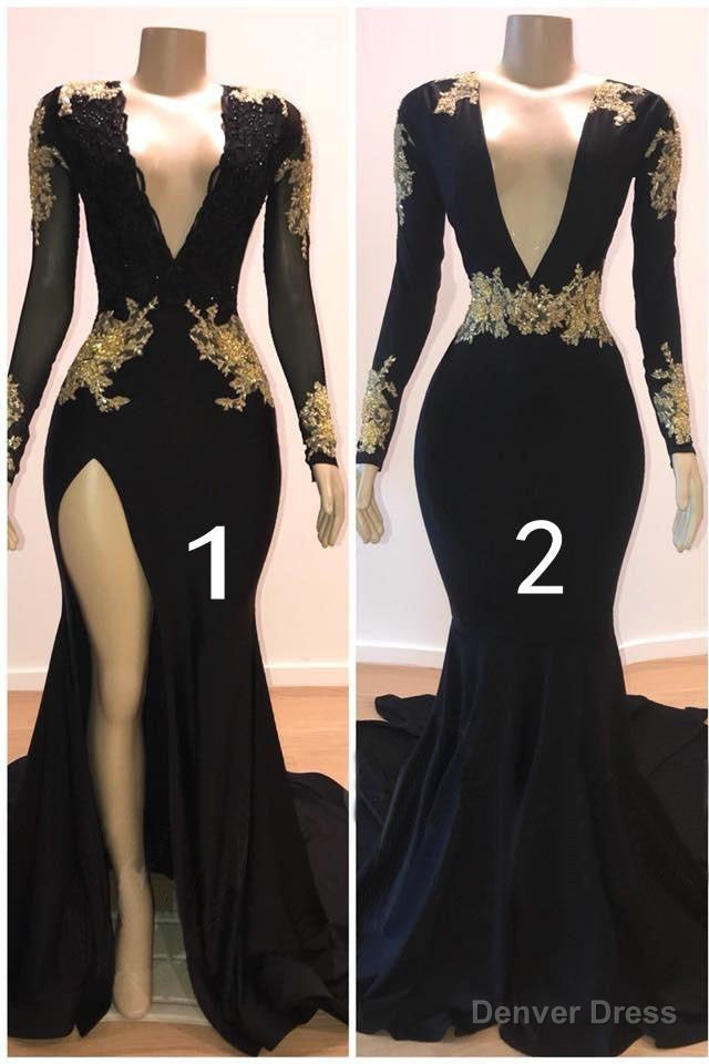 Sexy Long Sleeves Black Mermaid Prom Dresses Sequins Long Deep V Neck With Split Main image