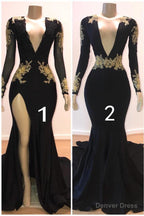 Sexy Long Sleeves Black Mermaid Prom Dresses Sequins Long Deep V Neck With Split
