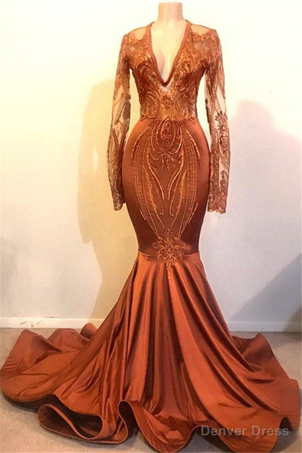 Sexy Long Sleeves Chiffon Lace Mermaid Prom Dresses V Neck Long Main image