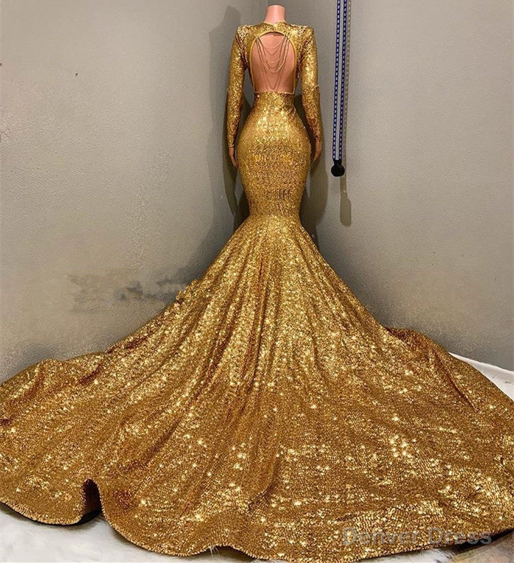 Sexy Long Sleeves Gold Mermaid Prom Dresses Sequins V Neck Backless Long