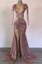 Sexy Long Sleeves Pink Mermaid Prom Dresses Sequins V Neck Long With Split