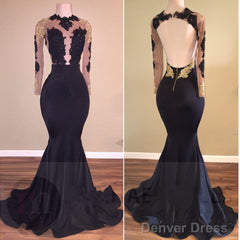 Sexy Mermaid Black Gold Long-Sleeve Prom Dresses