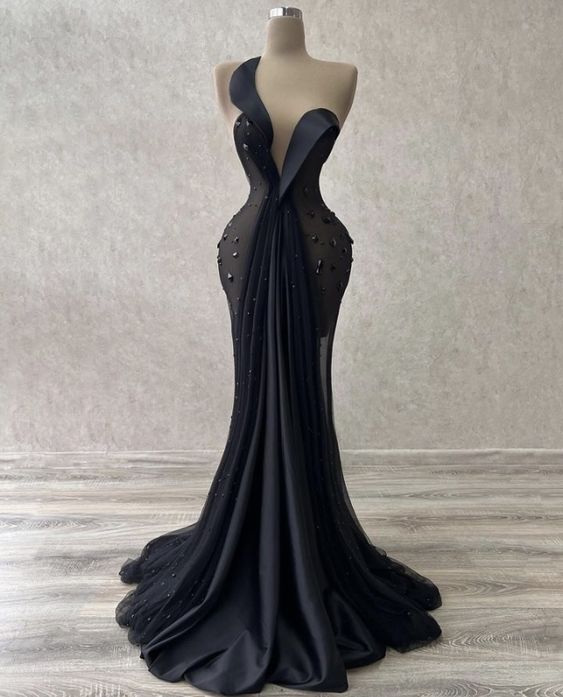 Sexy Mermaid Black Satin Prom Dresses Long Prom Dresses
