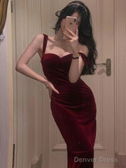 Sexy Mermaid Burgundy Velvet Prom Dresses