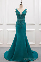 Sexy Mermaid Deep V Neck Beading Prom Dresses