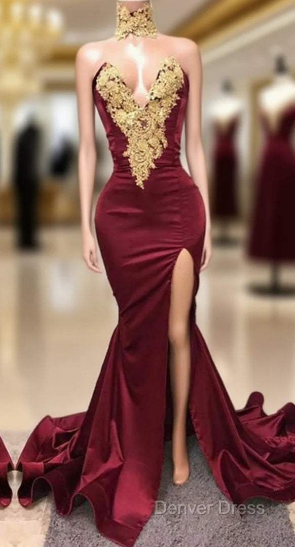 Sexy Mermaid Front-Split Lace High Neck Burgundy Prom Dresses
