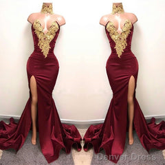 Sexy Mermaid Front-Split Lace High Neck Burgundy Prom Dresses