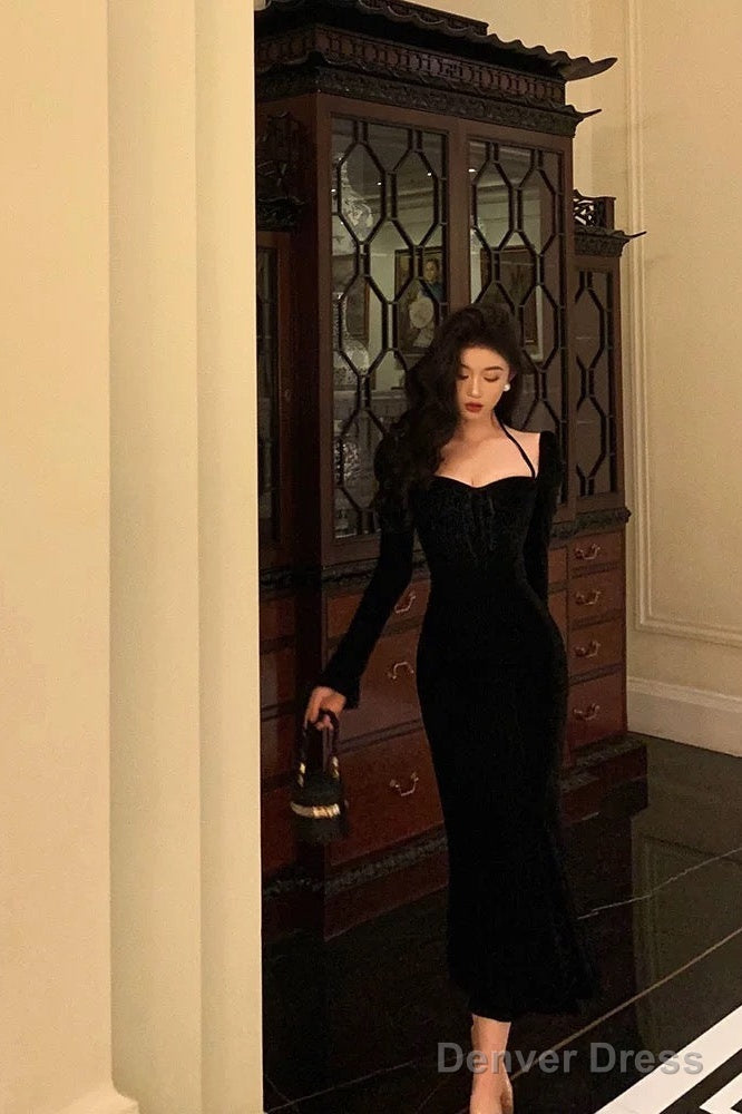 Sexy Mermaid Halter Long Sleeves Velvet Black Prom Dresses Birthday Outfits