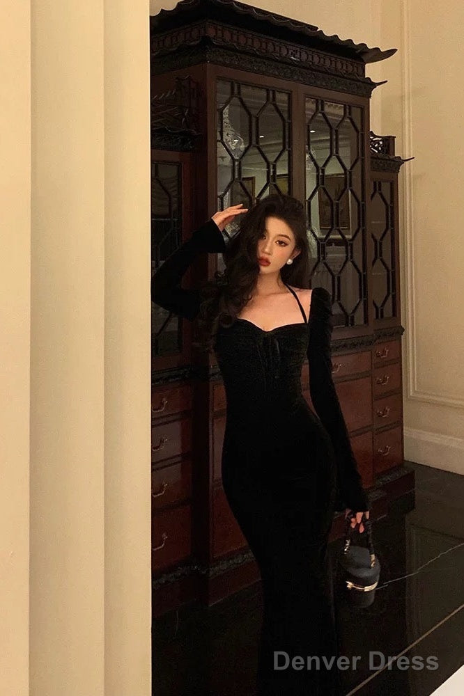 Sexy Mermaid Halter Long Sleeves Velvet Black Prom Dresses Birthday Outfits