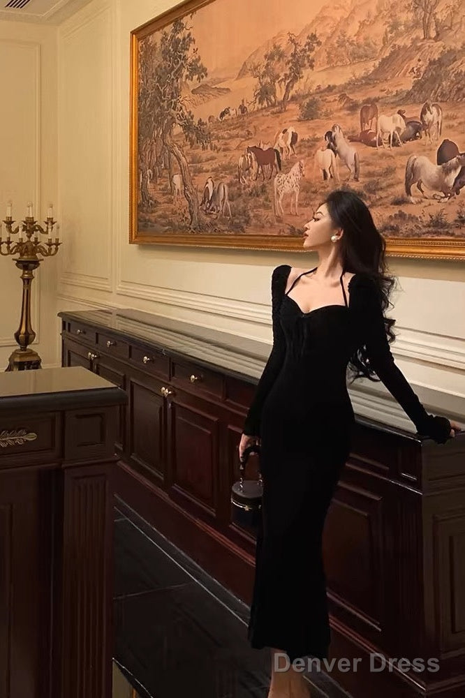 Sexy Mermaid Halter Long Sleeves Velvet Black Prom Dresses Birthday Outfits