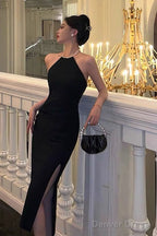 Sexy Mermaid Halter Neckline Black Satin Slit Prom Dresses Birthday Outfits
