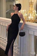 Sexy Mermaid Halter Neckline Black Satin Slit Prom Dresses Birthday Outfits