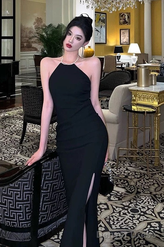 Sexy Mermaid Halter Neckline Black Satin Slit Prom Dresses Birthday Outfits