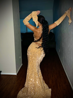 Sexy Mermaid Halter Red Sequin Long Prom Dresses With Gloves