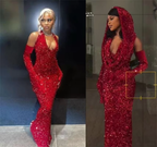 Sexy Mermaid Halter Red Sequin Long Prom Dresses With Gloves