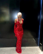 Sexy Mermaid Halter Red Sequin Long Prom Dresses With Gloves
