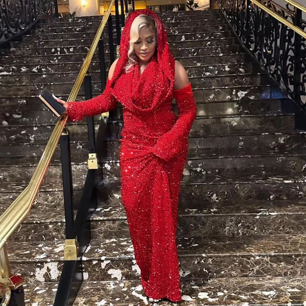 Sexy Mermaid Halter Red Sequin Long Prom Dresses With Gloves