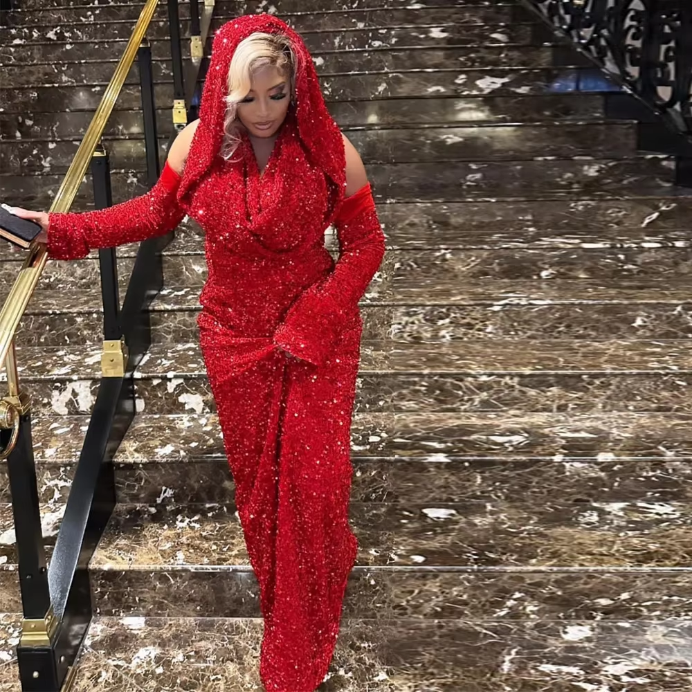 Sexy Mermaid Halter Red Sequin Long Prom Dresses With Gloves