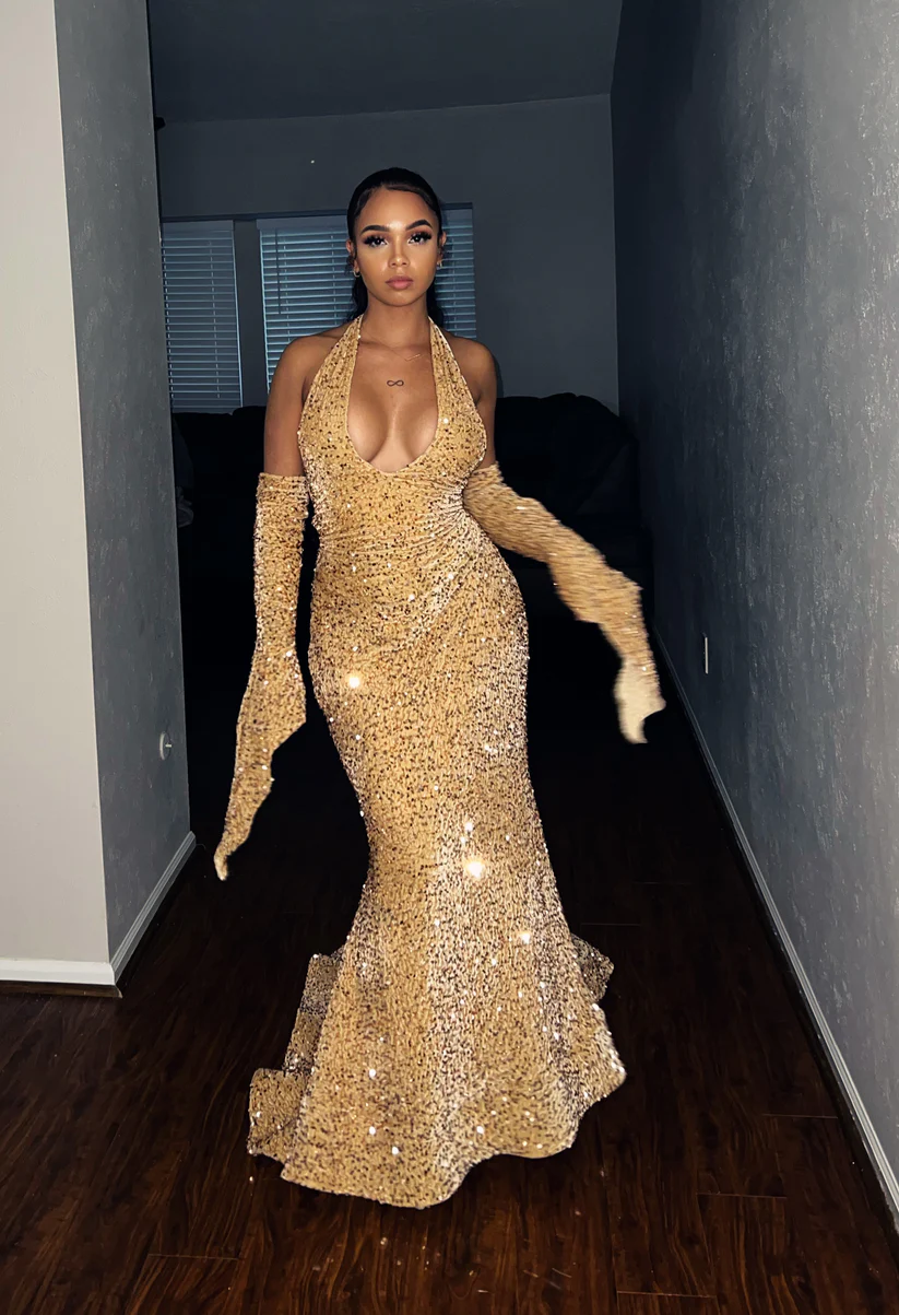 Sexy Mermaid Halter Red Sequin Long Prom Dresses With Gloves