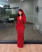 Sexy Mermaid Halter Red Sequin Long Prom Dresses With Gloves