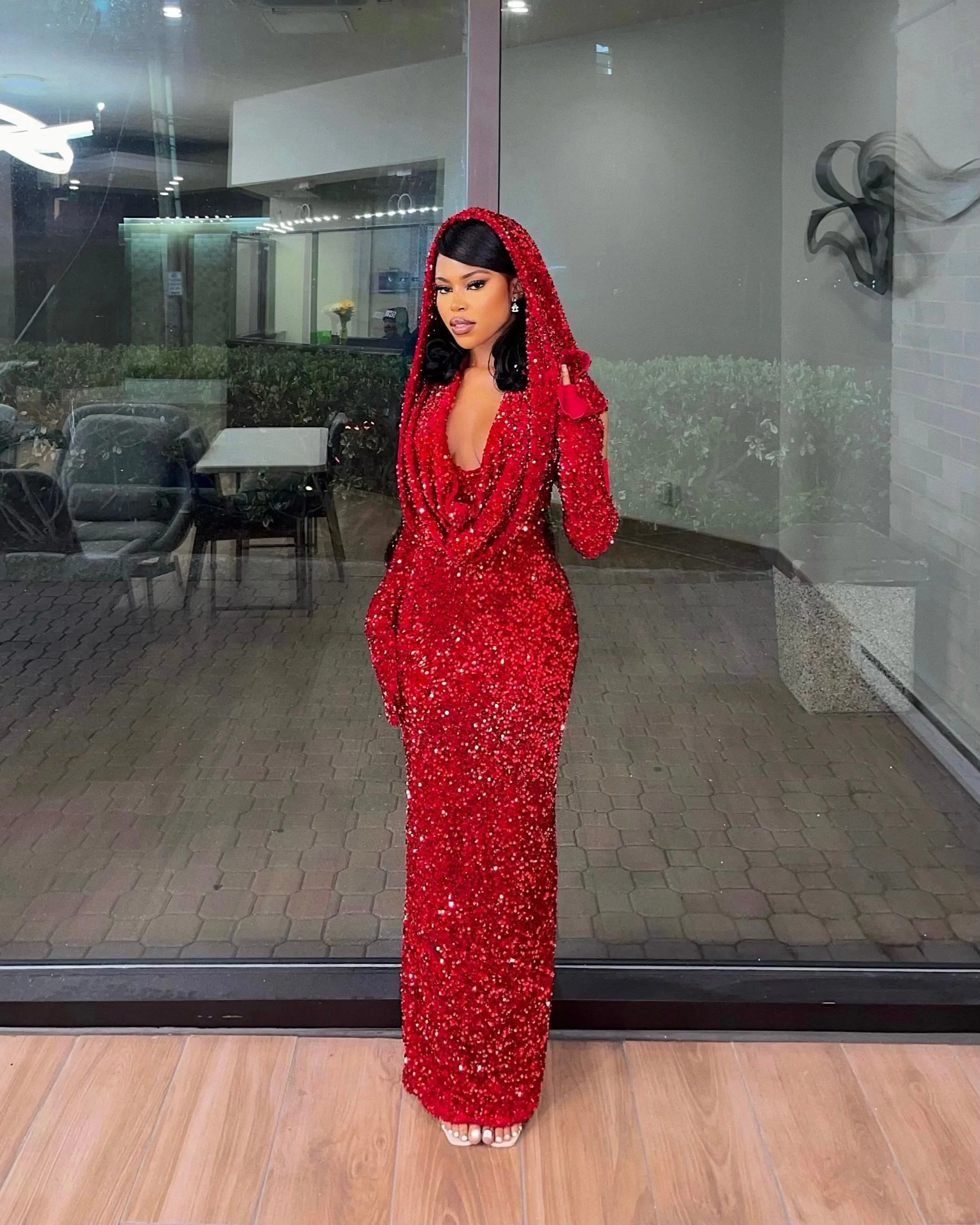 Sexy Mermaid Halter Red Sequin Long Prom Dresses With Gloves
