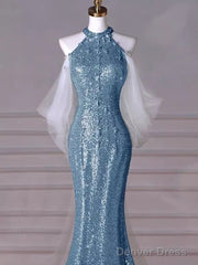 Sexy Mermaid Halter Sequin Blue Floor Length Prom Dress