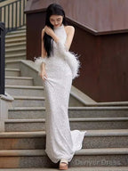 Sexy Mermaid High Neckline Sequin White Floor Length Prom Dress With Feathers
