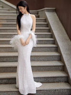 Sexy Mermaid High Neckline Sequin White Floor Length Prom Dress With Feathers
