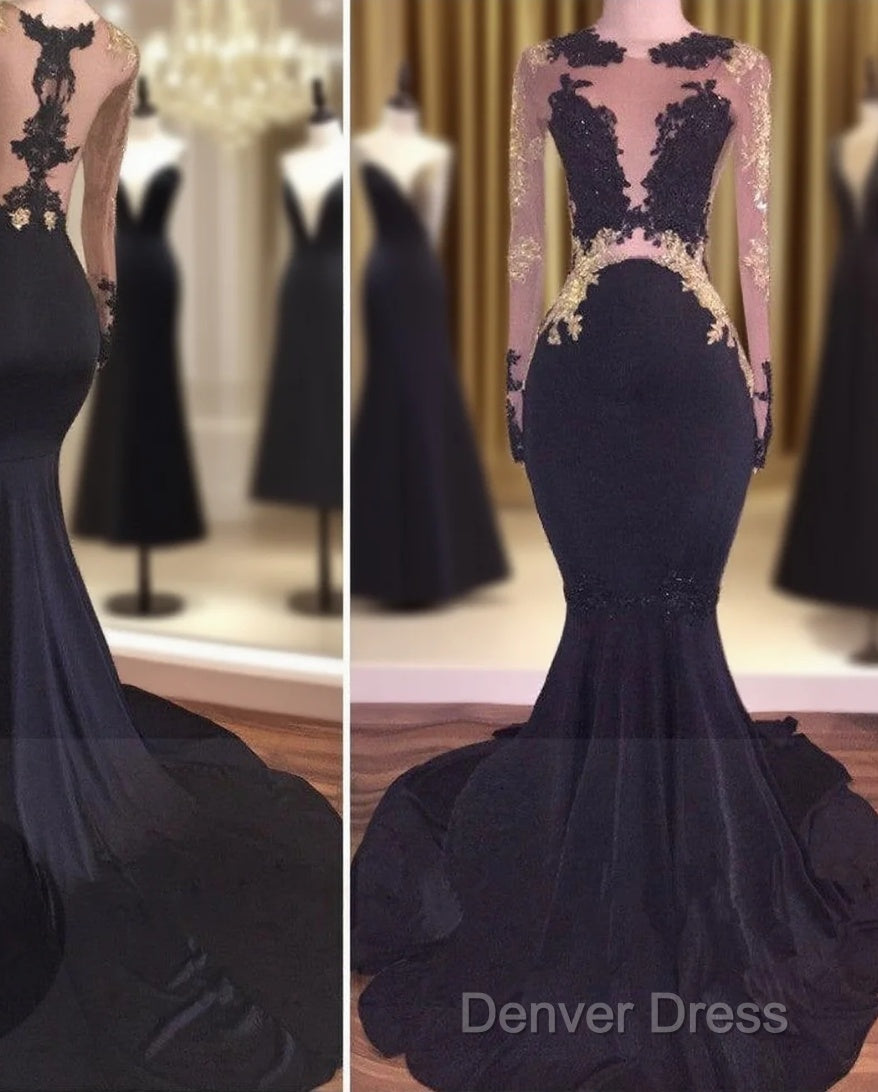 Sexy Mermaid Lace Black Gold Prom Dresses