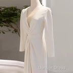 Sexy Mermaid Long Sleeves V Neckline Satin White Long Wedding Dress Brides Dresses