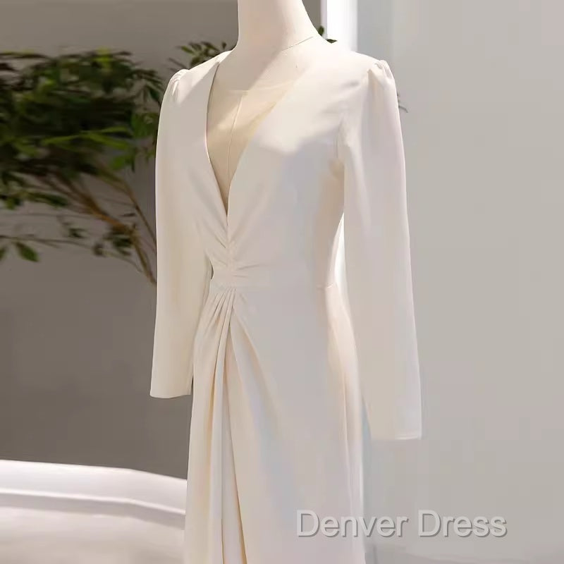 Sexy Mermaid Long Sleeves V Neckline Satin White Long Wedding Dress Brides Dresses