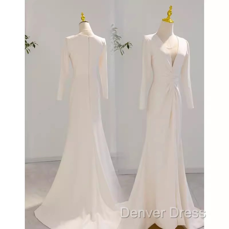 Sexy Mermaid Long Sleeves V Neckline Satin White Long Wedding Dresses Brides Dresses