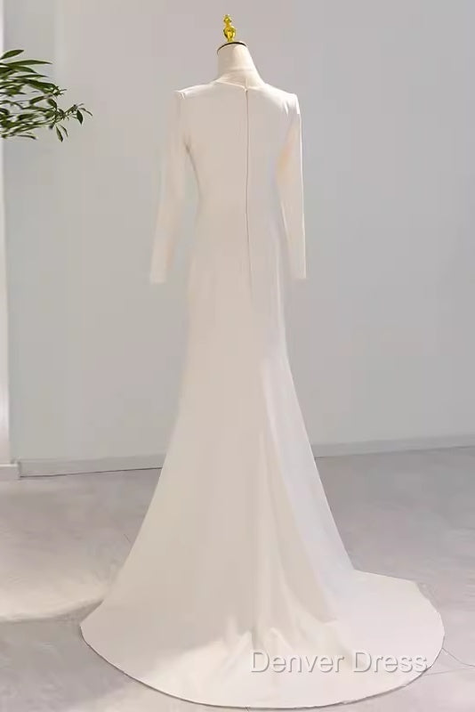 Sexy Mermaid Long Sleeves V Neckline Satin White Long Wedding Dresses Brides Dresses