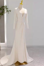 Sexy Mermaid Long Sleeves V Neckline Satin White Long Wedding Dresses Brides Dresses