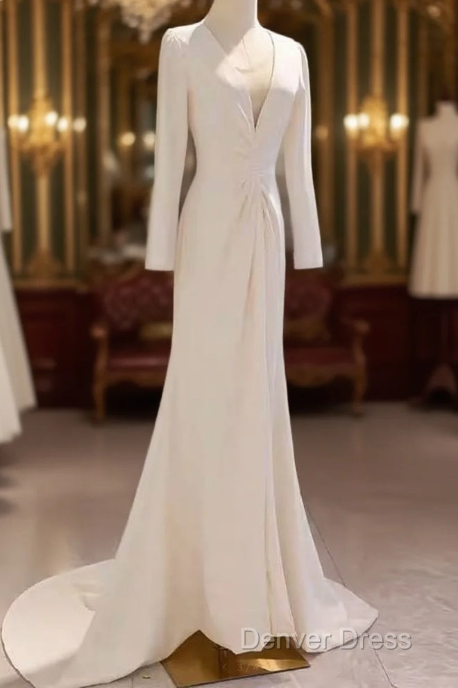 Sexy Mermaid Long Sleeves V Neckline Satin White Long Wedding Dresses Brides Dresses