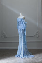 Sexy Mermaid Off The Shoulder Blue Sequin Long Prom Dresses Evening Gowns