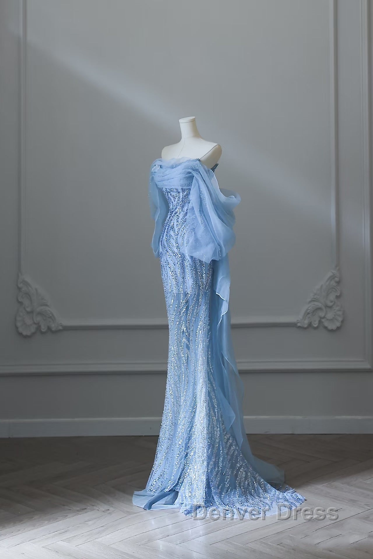 Sexy Mermaid Off The Shoulder Blue Sequin Long Prom Dresses Evening Gowns