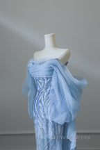 Sexy Mermaid Off The Shoulder Blue Sequin Long Prom Dresses Evening Gowns