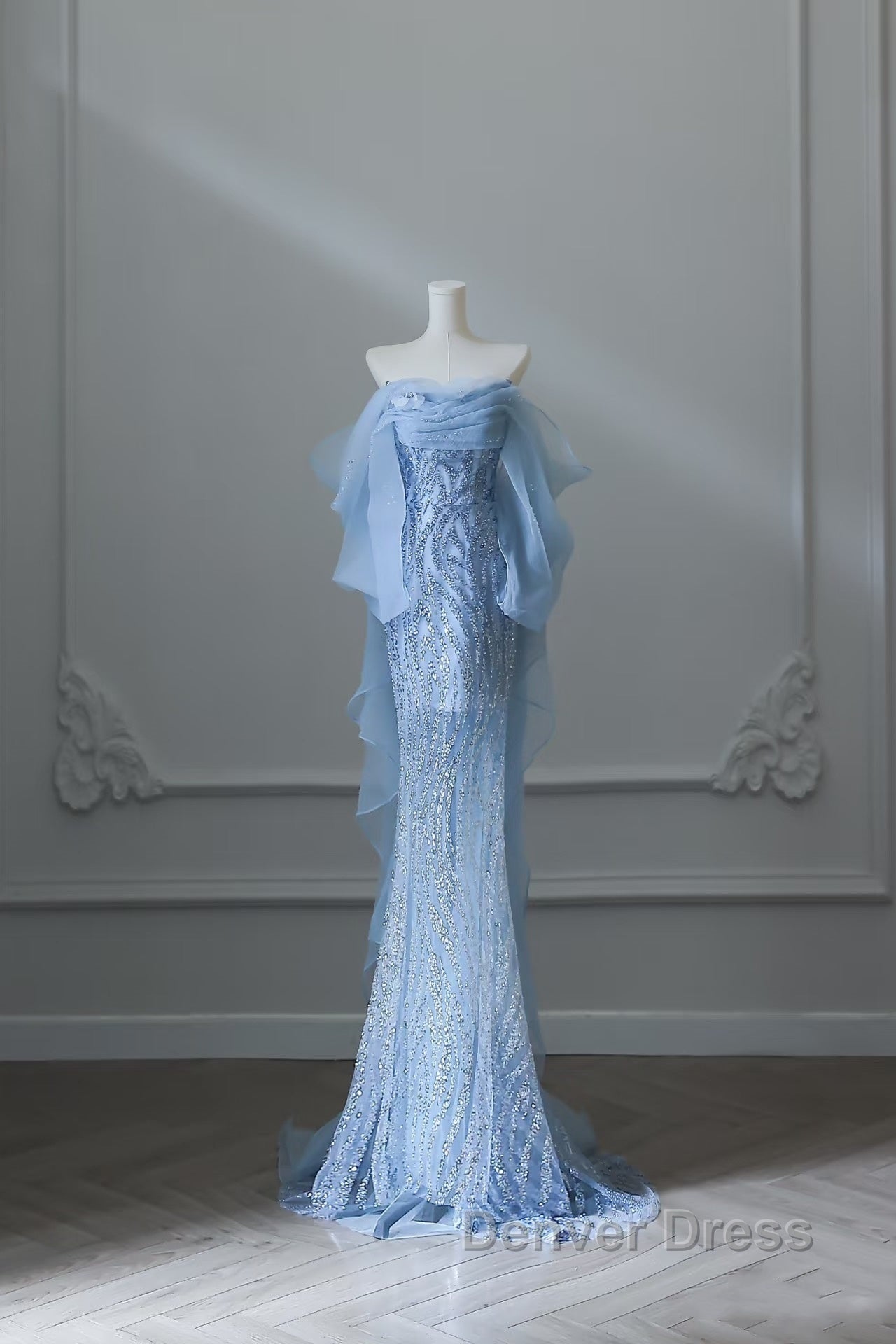 Sexy Mermaid Off The Shoulder Blue Sequin Long Prom Dresses Evening Gowns