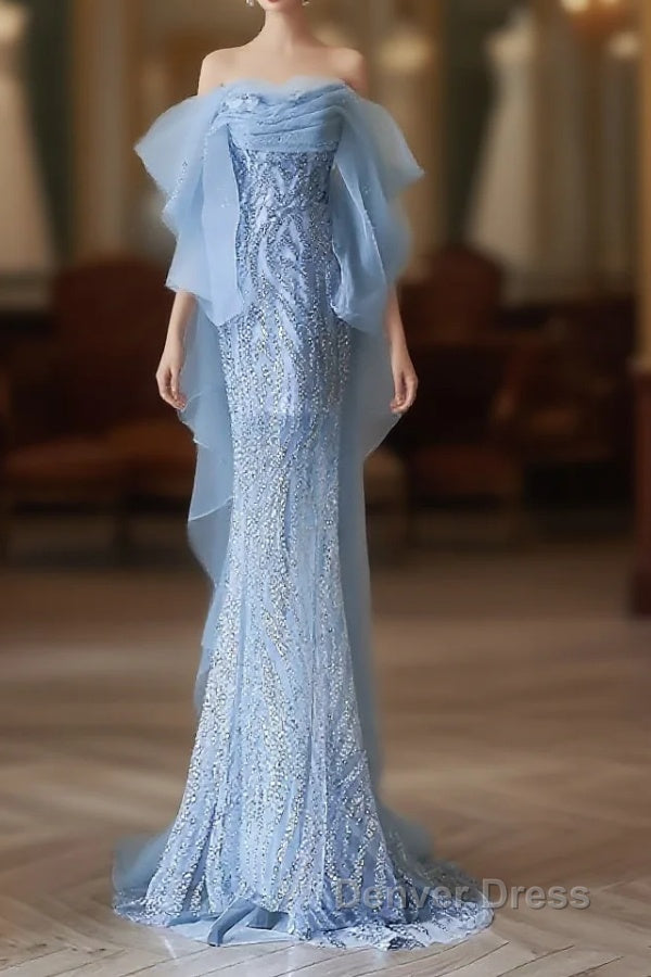 Sexy Mermaid Off The Shoulder Blue Sequin Long Prom Dresses Evening Gowns