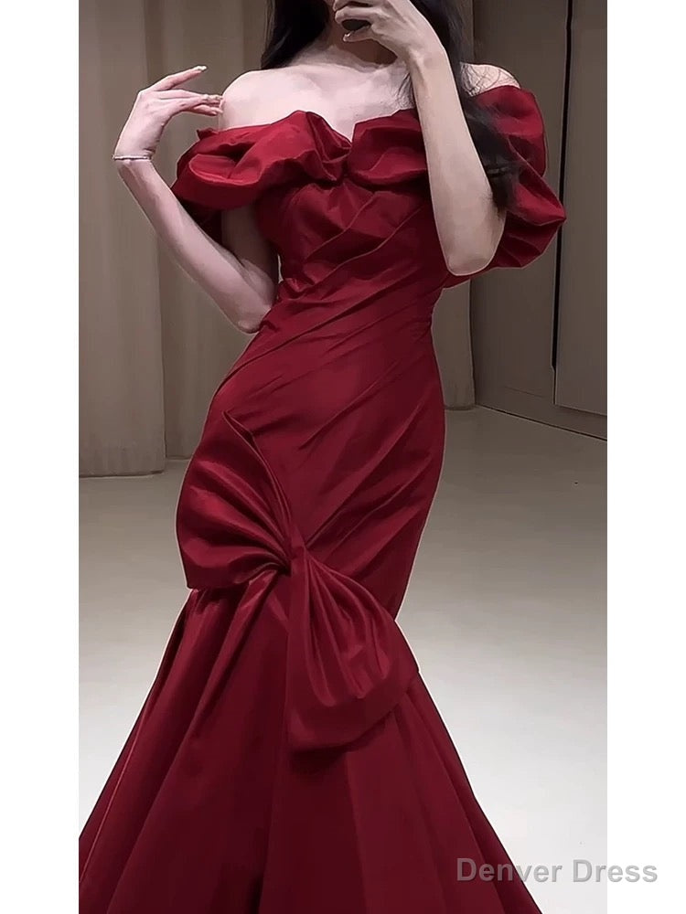 Sexy Mermaid Off The Shoulder Burgundy Satin Floor Length Prom Dress Secondary image