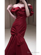 Sexy Mermaid Off The Shoulder Burgundy Satin Floor Length Prom Dress