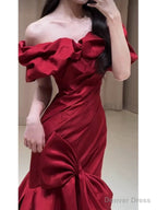 Sexy Mermaid Off The Shoulder Burgundy Satin Floor Length Prom Dress